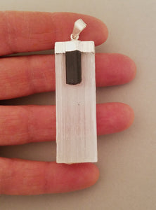 Selenite and black tourmaline pendant